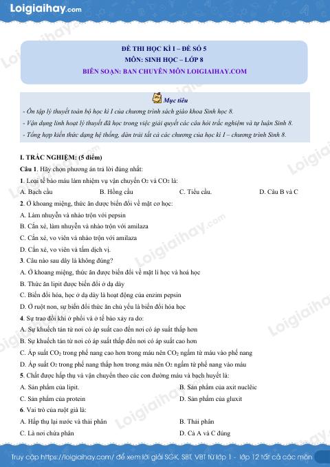 Đề số 5 - Đề kiểm tra học kì 1 - Sinh học 8